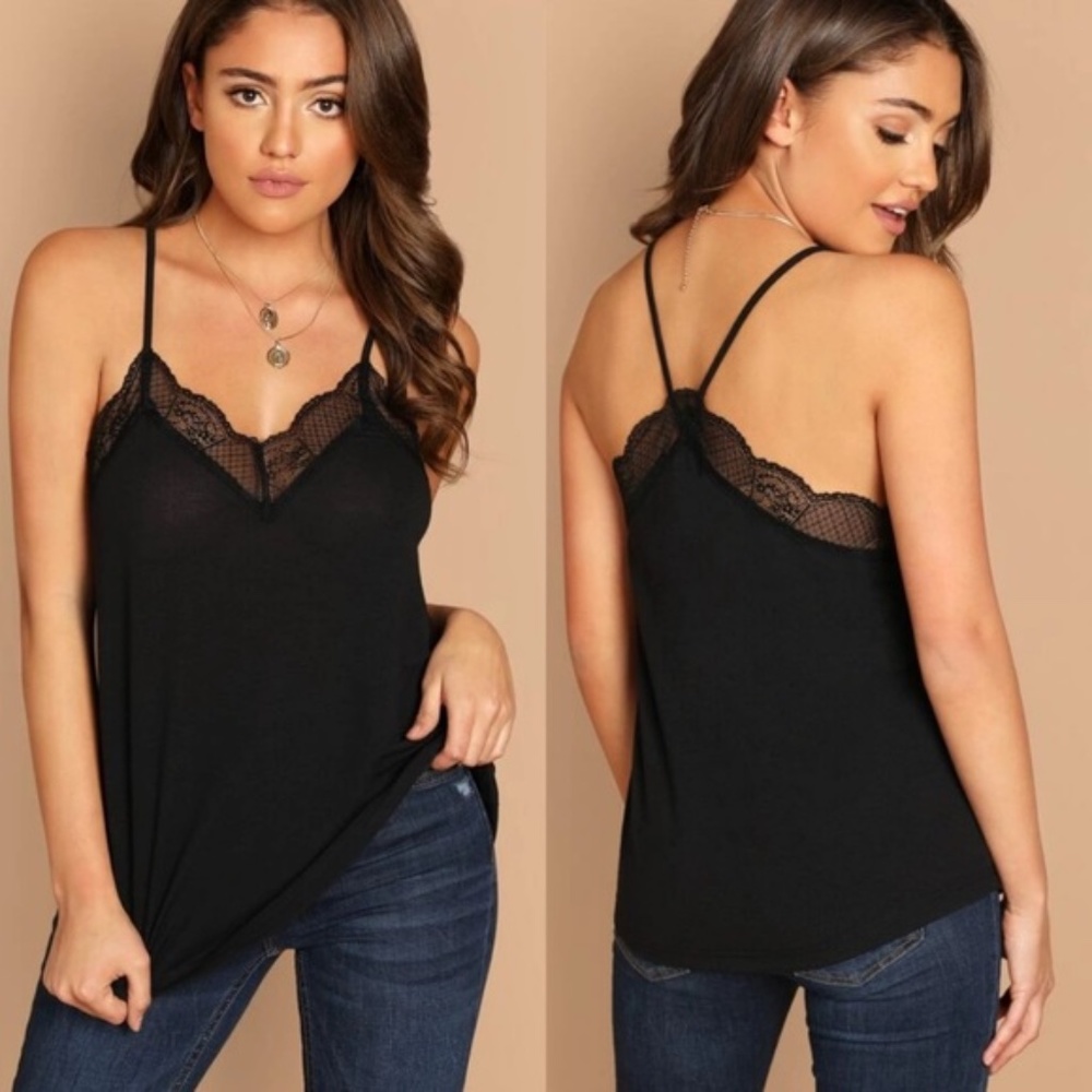 boho black lace v neck racerback cami top - Picture 2 of 2